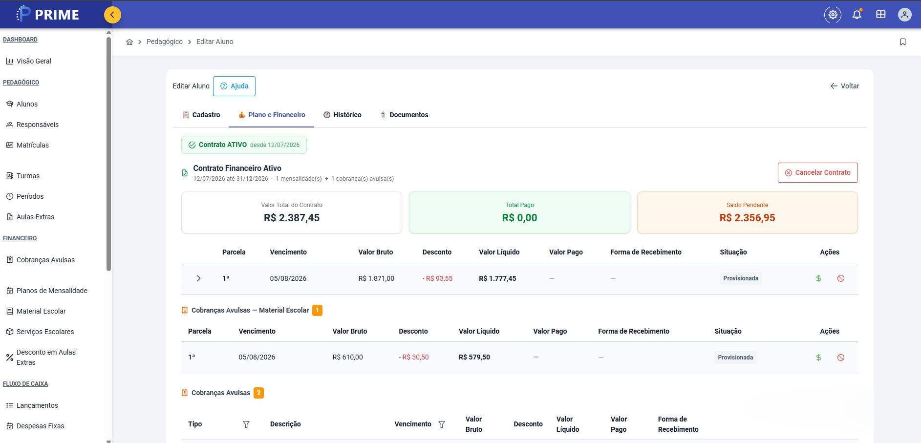 Tela real do plano e financeiro do aluno no PRIME