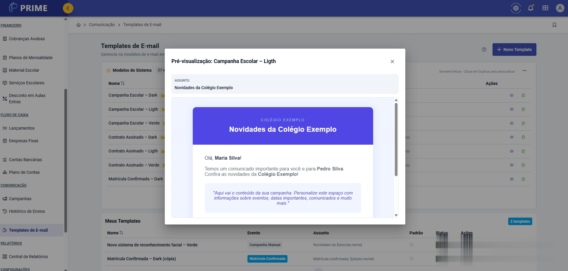 Tela real de Templates de E-mail no PRIME